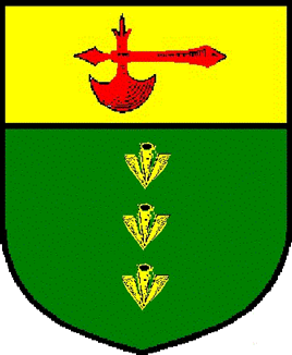 Vert, in pale three broad arrows and on a chief Or a battleaxe gules. Name and Device registered - July 2002