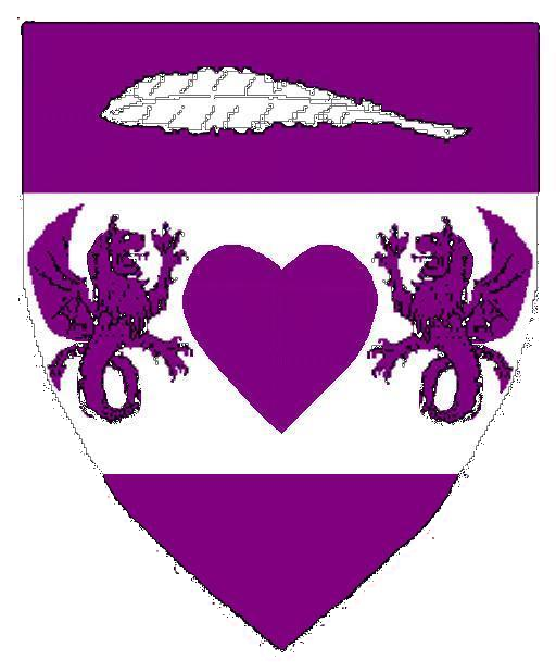 Purpure, on a fess argent a heart between two bat-winged lion-dragons combatant purpure, in chief a feather fesswise argent