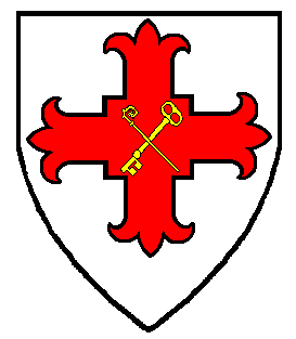 Argent, on a cross fleury quadrate gules in saltire a bishop's crozier and a key, wards to base Or
Device registered: May 2010