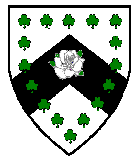 Argent, on a chevron sable a rose argent barbed and overall an orle of shamrocks vert