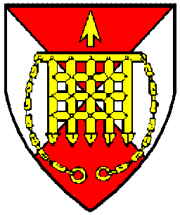 Per saltire gules and argent, a portcullis and in chief an arrowhead inverted Or Device registered: October 1997