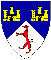 Per chevron azure and argent, two triple-towered castles or and a greyhound rampant gules. Name and device registered: January 1984