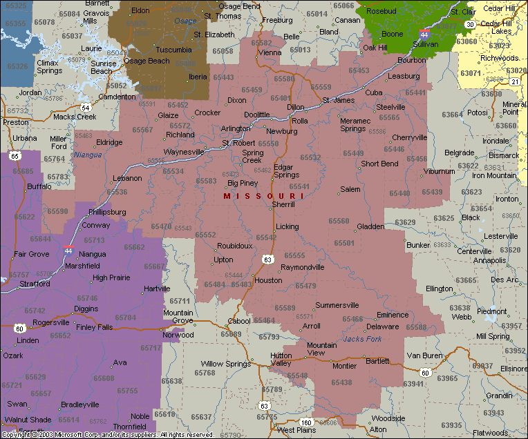 Map depicting the southern central part of Missouri, specifically the zip code area of 654xx and 655xx