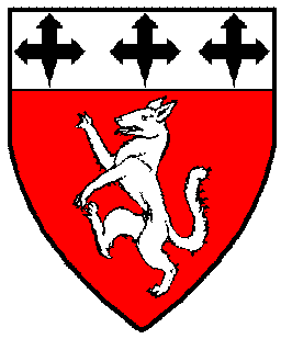 Gules, a wolf rampant and on a chief argent three crosses barby fitchy sable Device registered: February 2002