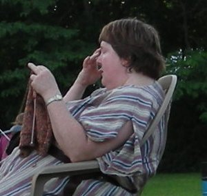 Lady Mairghrec at her knitting. Copyright Mike WIlliams/Einarr Aldhund, 2008. Used with permission.